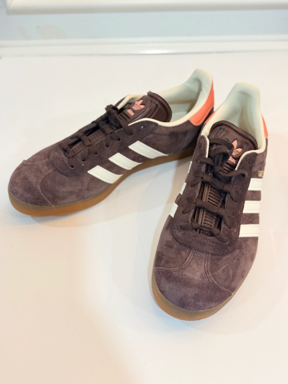 Adidas Brown Suede Sneakers with White Stripes and Coral Heel Women 7.5